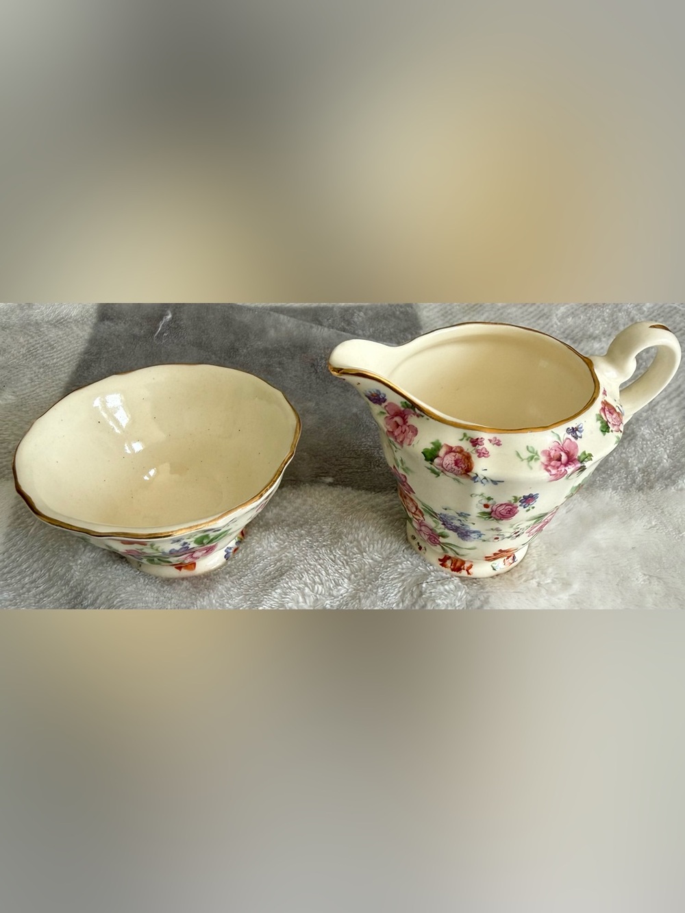 Dorset Cheery Chintz China Floral Sugar Bowl & Creamer Erphila Germany